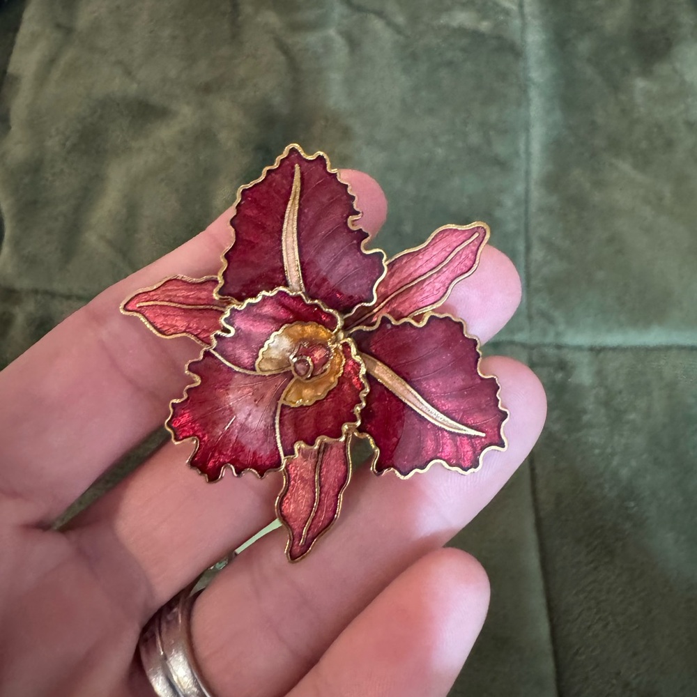 Susan Caplan Vintage Orchid Blossom Brooch - Burgundy and Gold